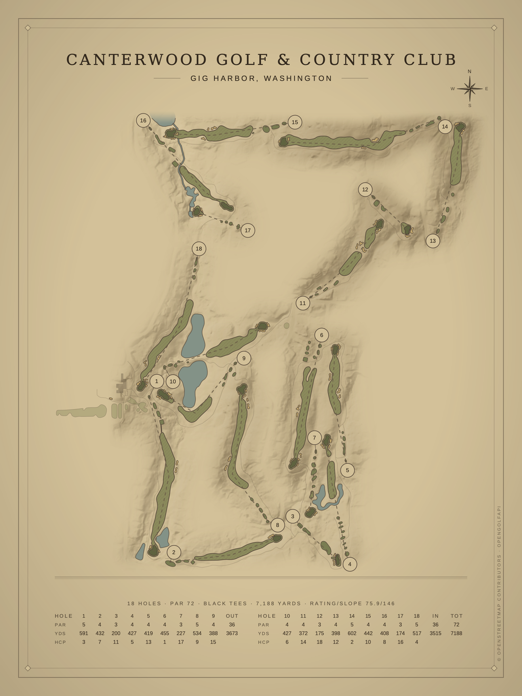 Canterwood Golf & Country Club course map poster, Vintage style, 12×16 / 18×24