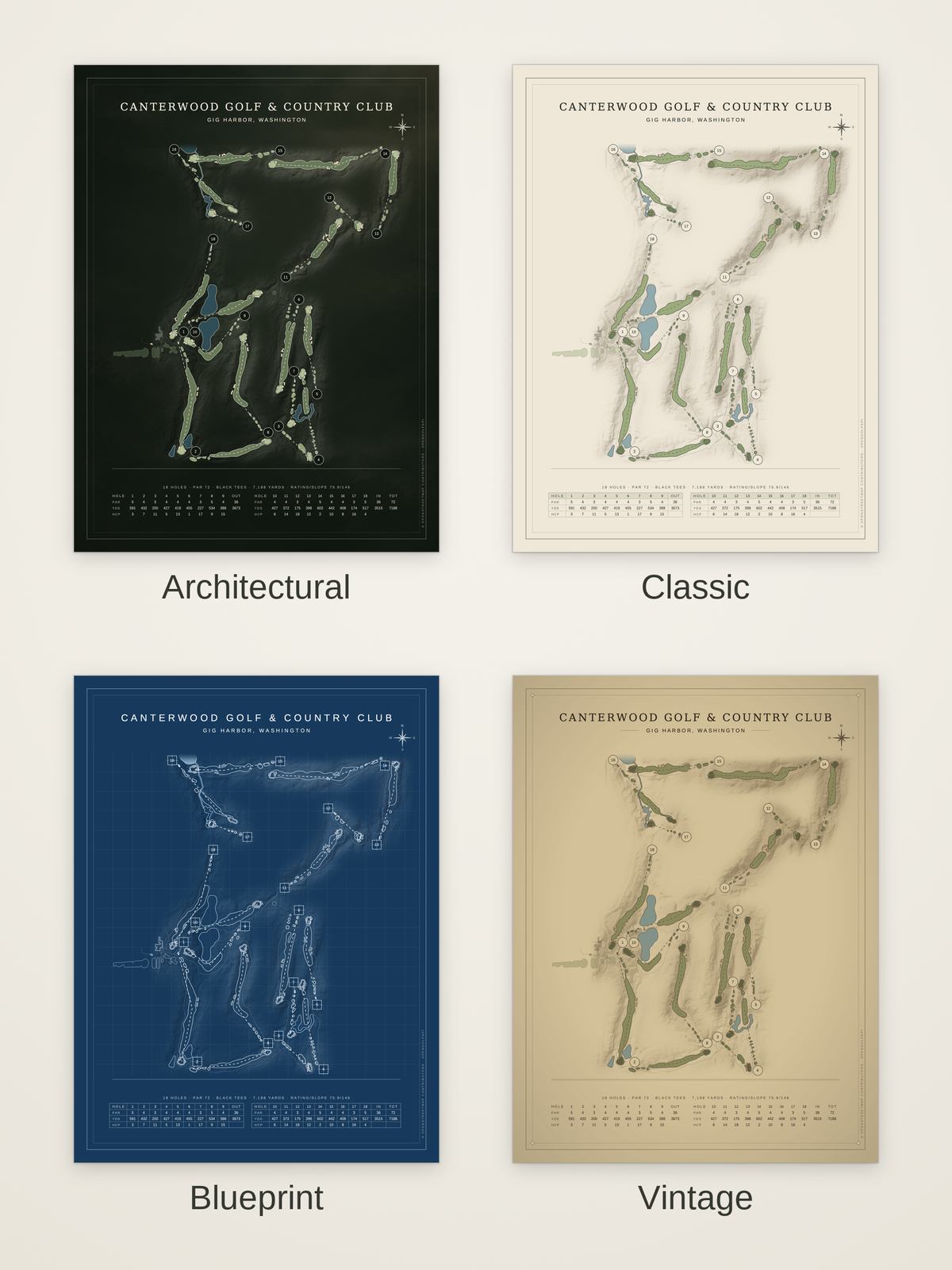 Canterwood Golf & Country Club course map poster in four styles: Architectural, Classic, Blueprint and Vintage