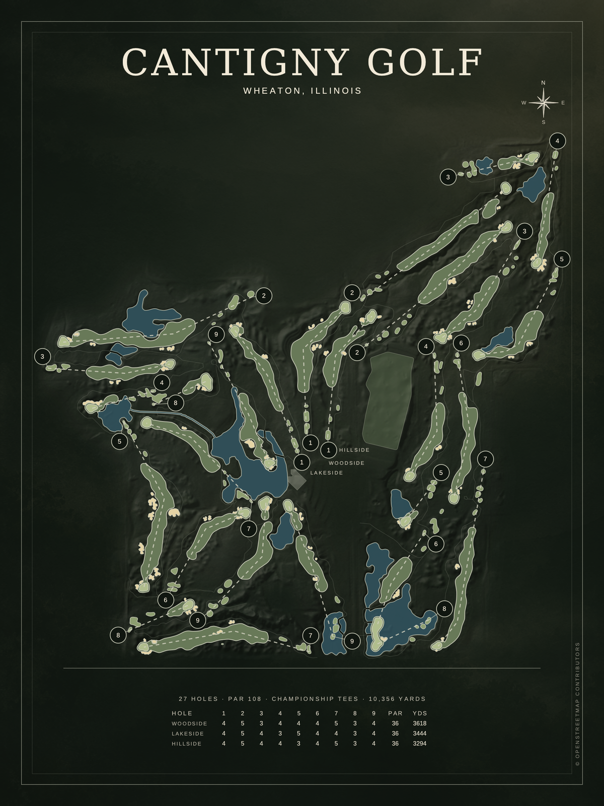 Cantigny Golf (27 Holes) course map poster, Architectural style, 12×16 / 18×24