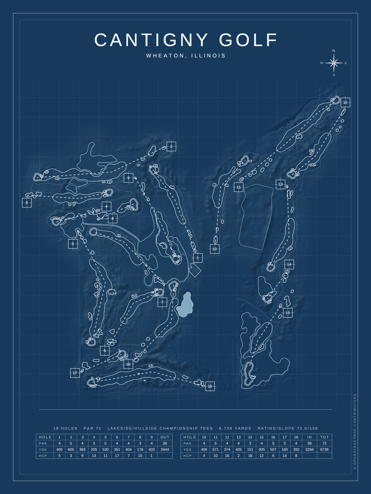 Cantigny Golf (Lakeside/Hillside) course map poster, Blueprint style, 12×16 / 18×24