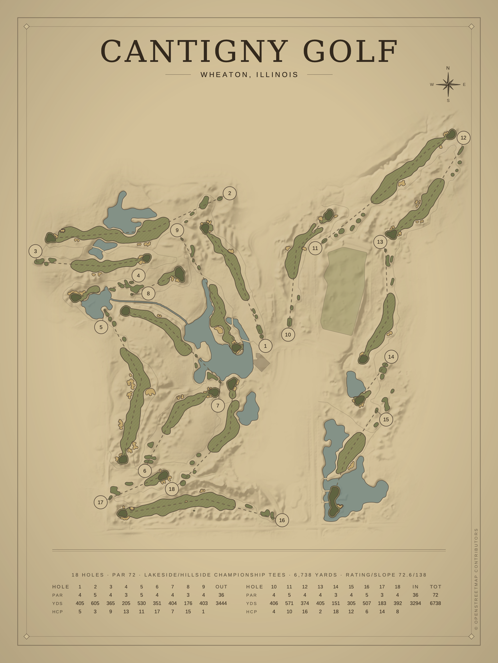 Cantigny Golf (Lakeside/Hillside) course map poster, Vintage style, 12×16 / 18×24