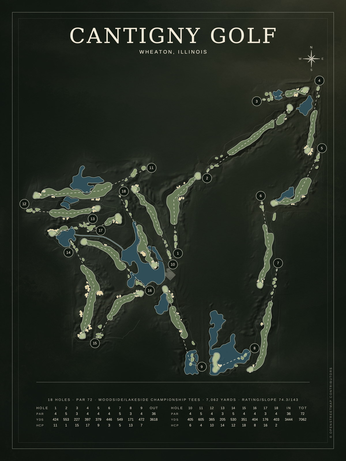 Cantigny Golf (Woodside/Lakeside) course map poster, Architectural style, 12×16 / 18×24