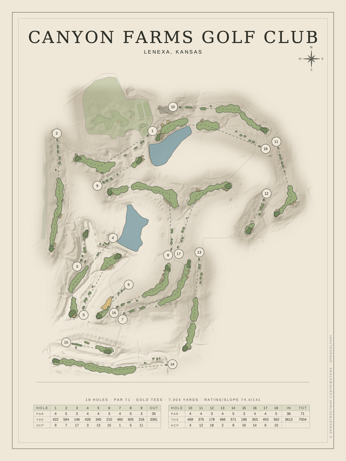 Canyon Farms Golf Club course map poster, Classic style, 12×16 / 18×24