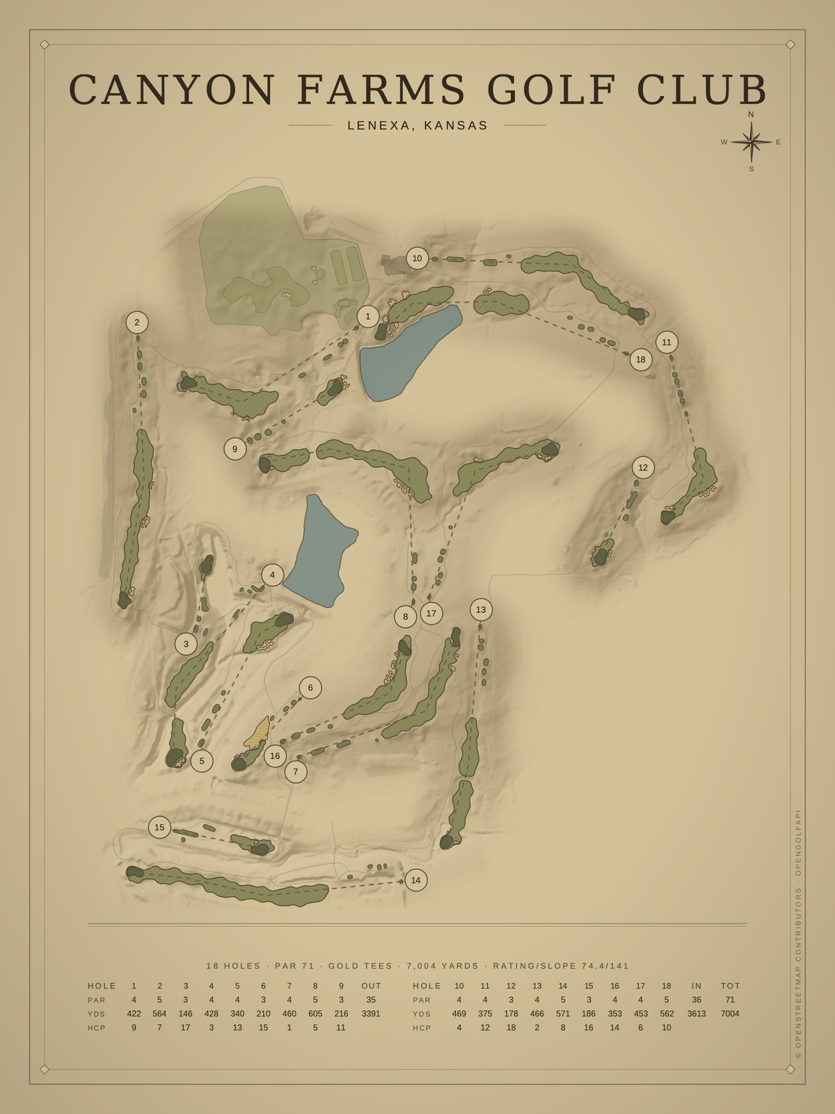 Canyon Farms Golf Club course map poster, Vintage style, 12×16 / 18×24