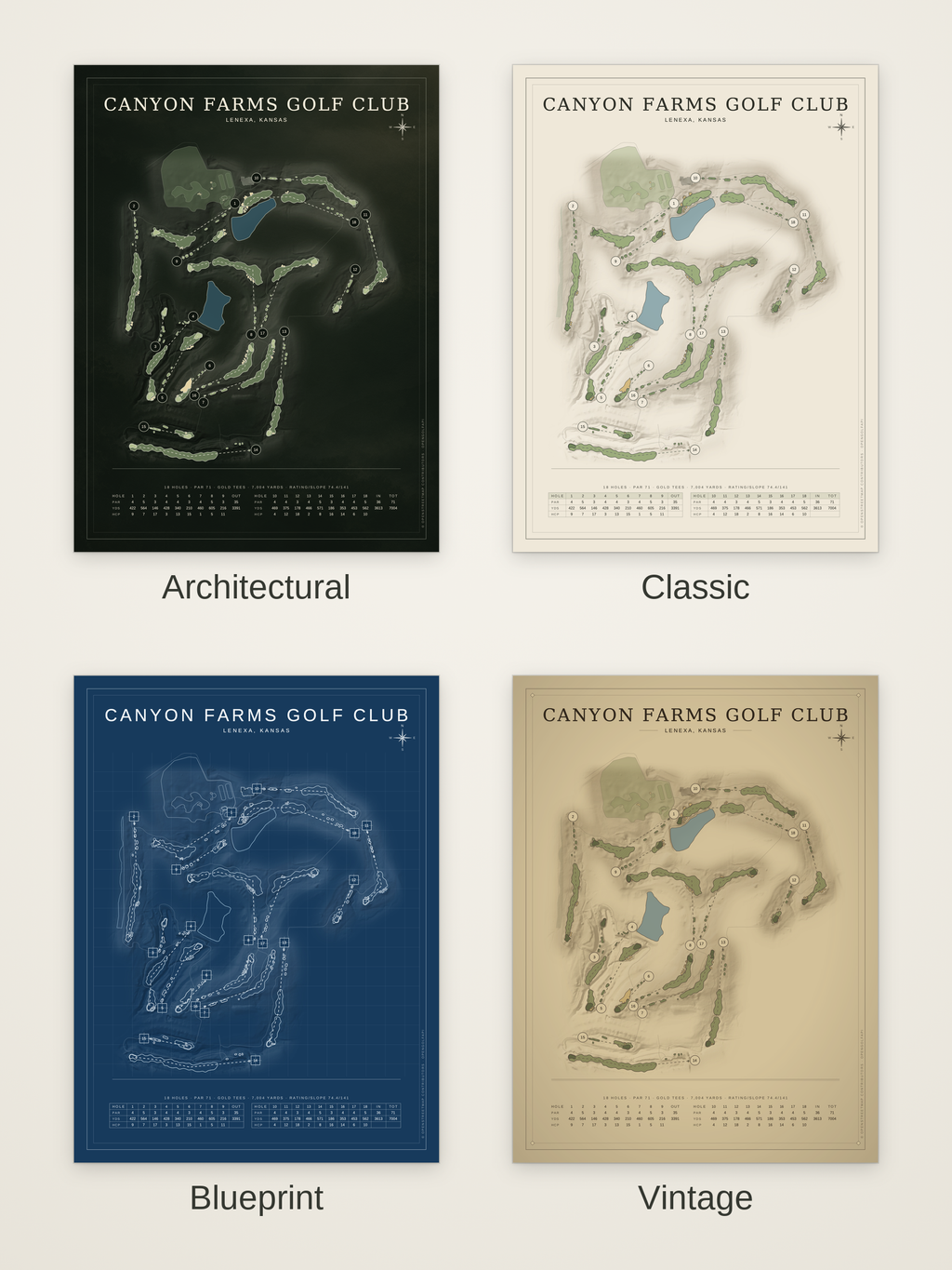 Canyon Farms Golf Club course map poster in four styles: Architectural, Classic, Blueprint and Vintage