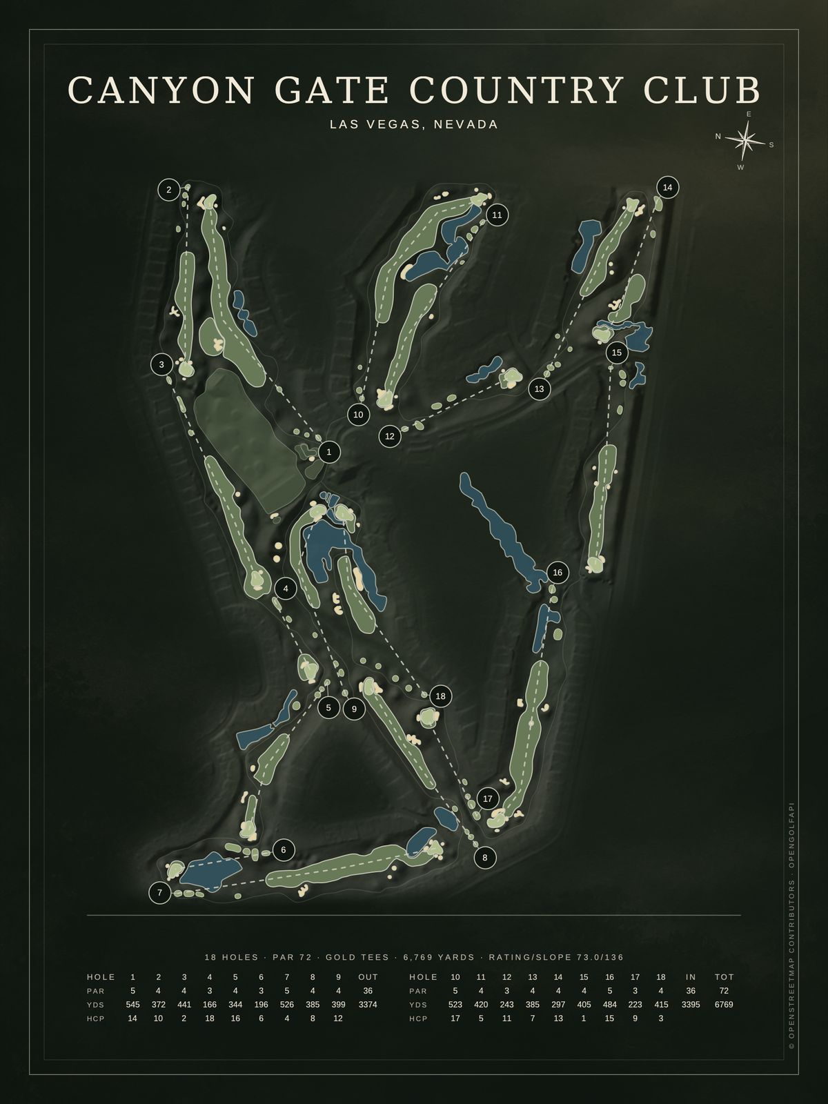 Canyon Gate Country Club course map poster, Architectural style, 12×16 / 18×24