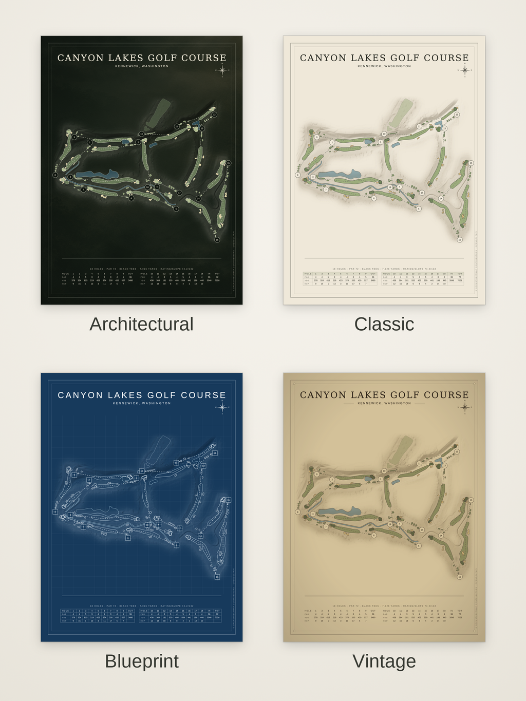 Canyon Lakes Golf Course map poster in four styles: Architectural, Classic, Blueprint and Vintage
