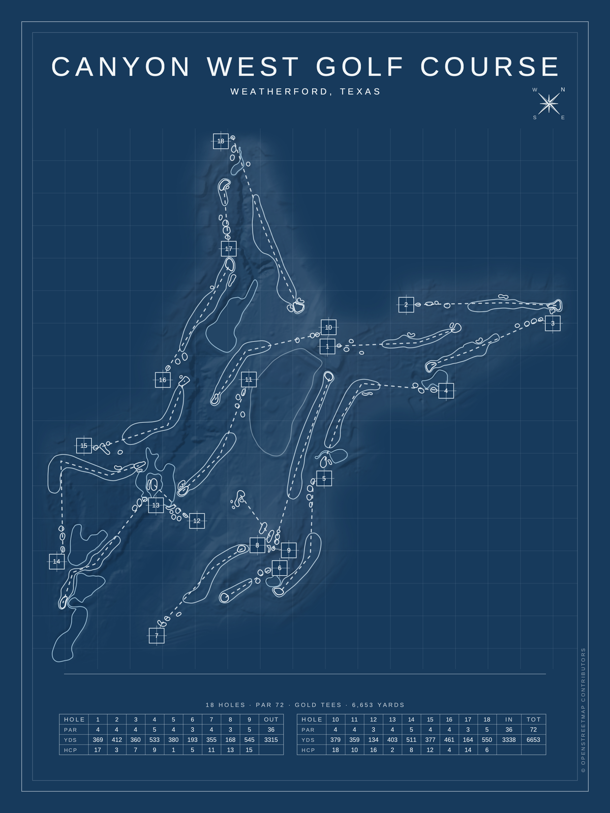 Canyon West Golf Course map poster, Blueprint style, 12×16 / 18×24