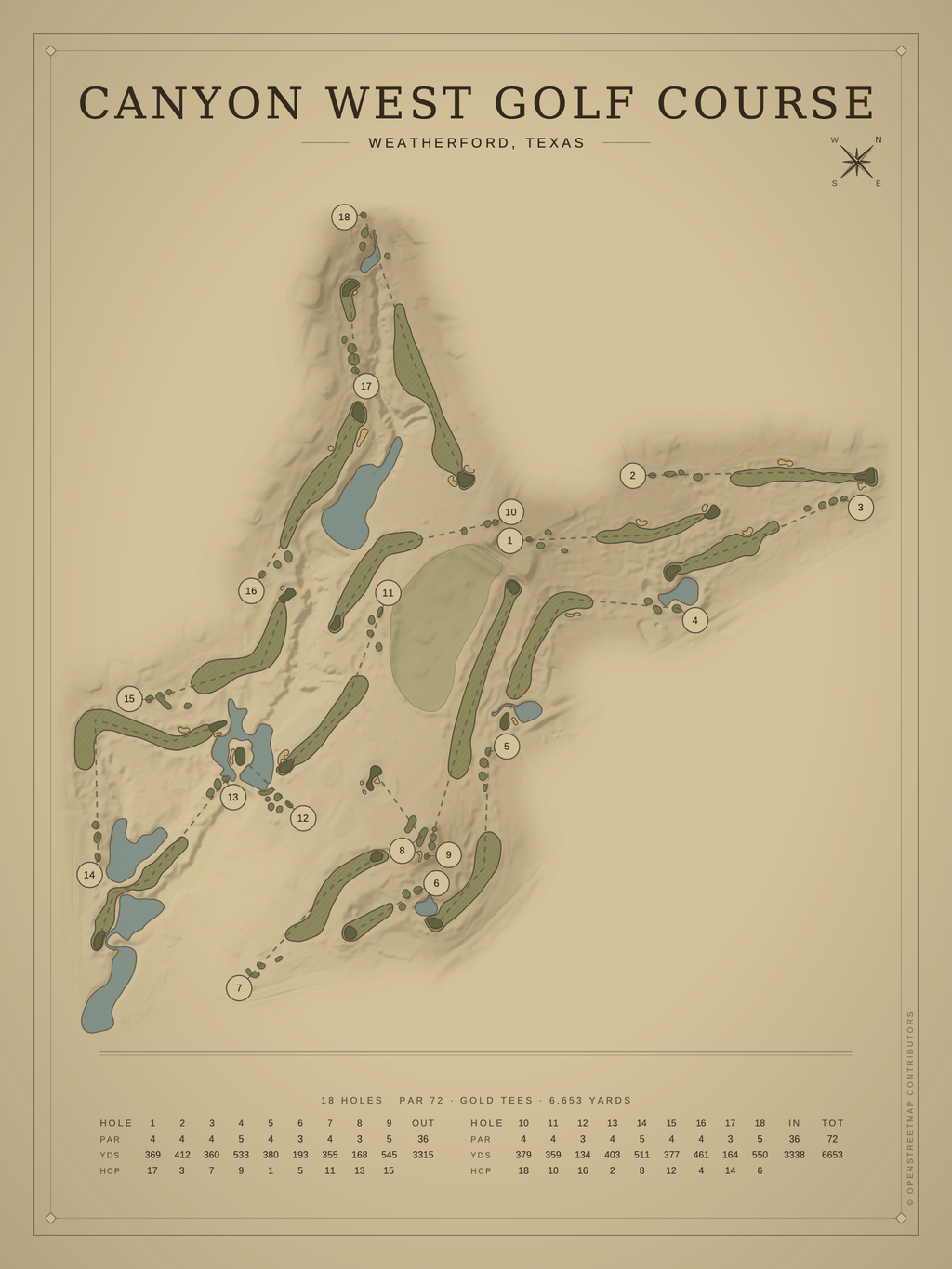 Canyon West Golf Course map poster, Vintage style, 12×16 / 18×24