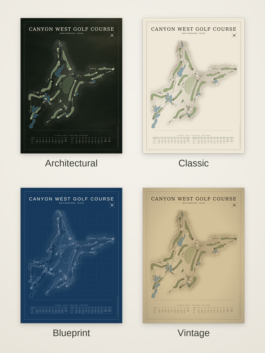 Canyon West Golf Course map poster in four styles: Architectural, Classic, Blueprint and Vintage