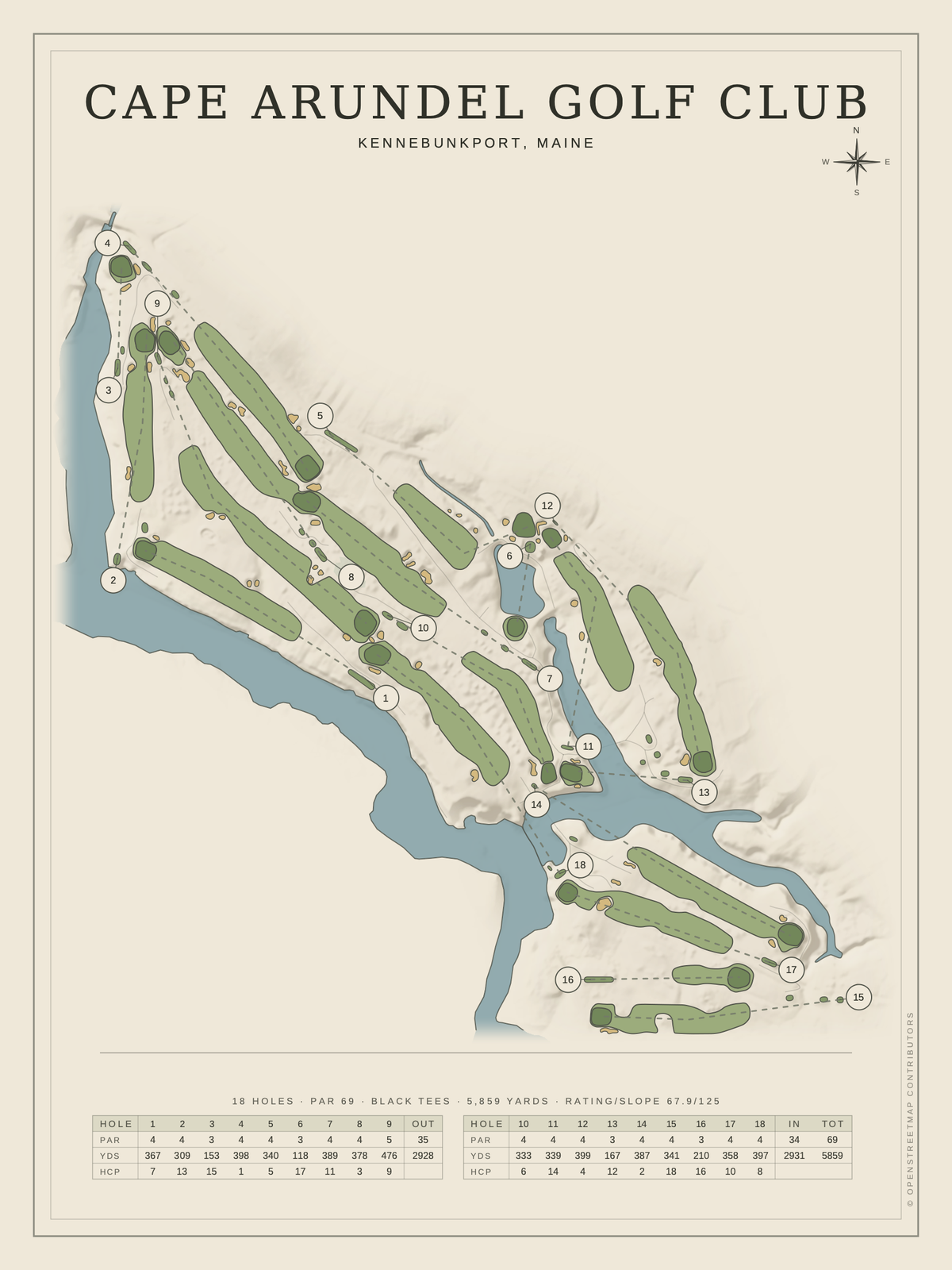 Cape Arundel Golf Club course map poster, Classic style, 12×16 / 18×24