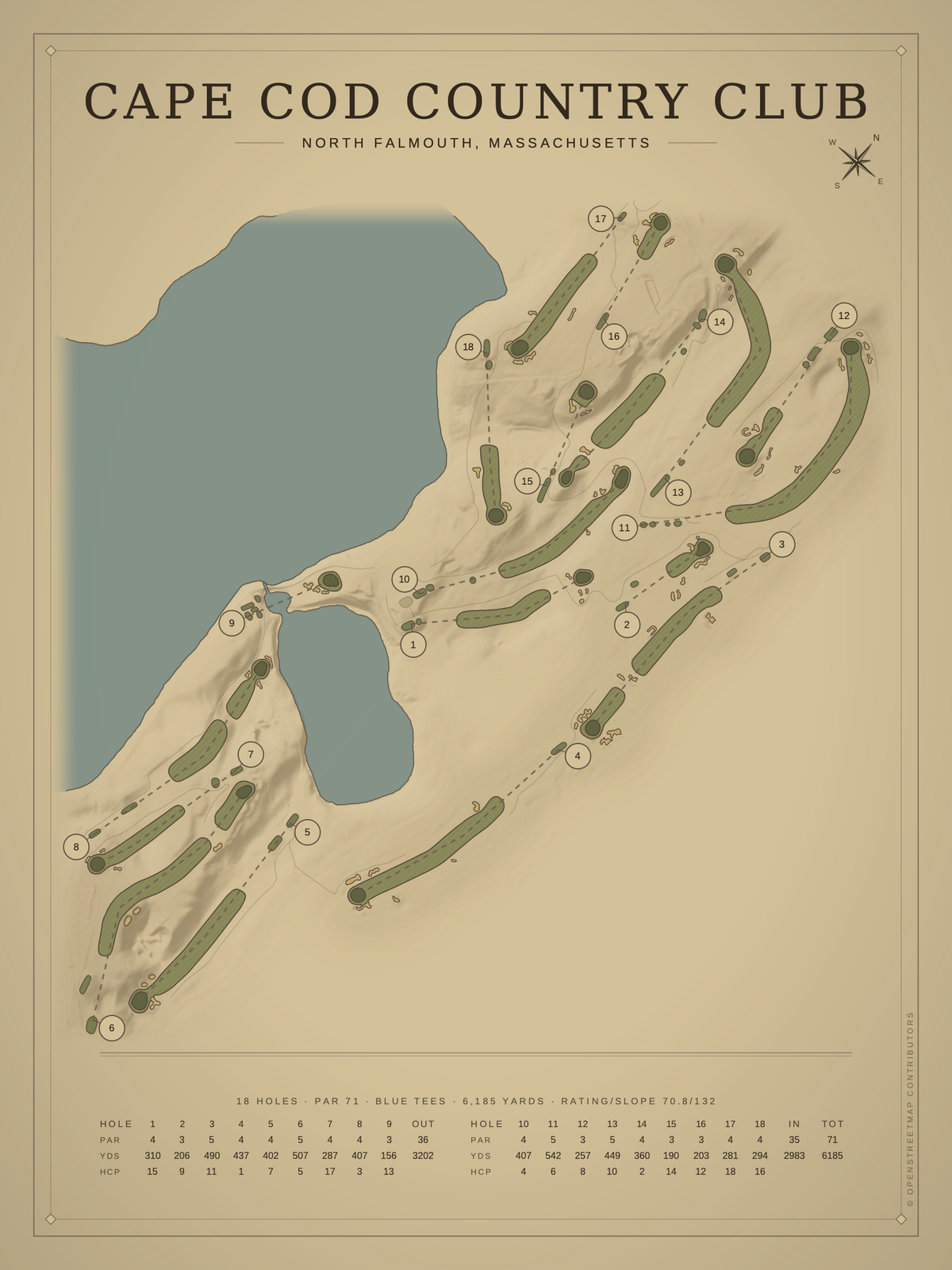 Cape Cod Country Club course map poster, Vintage style, 12×16 / 18×24