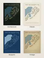 Cape Cod Country Club course map poster in four styles: Architectural, Classic, Blueprint and Vintage