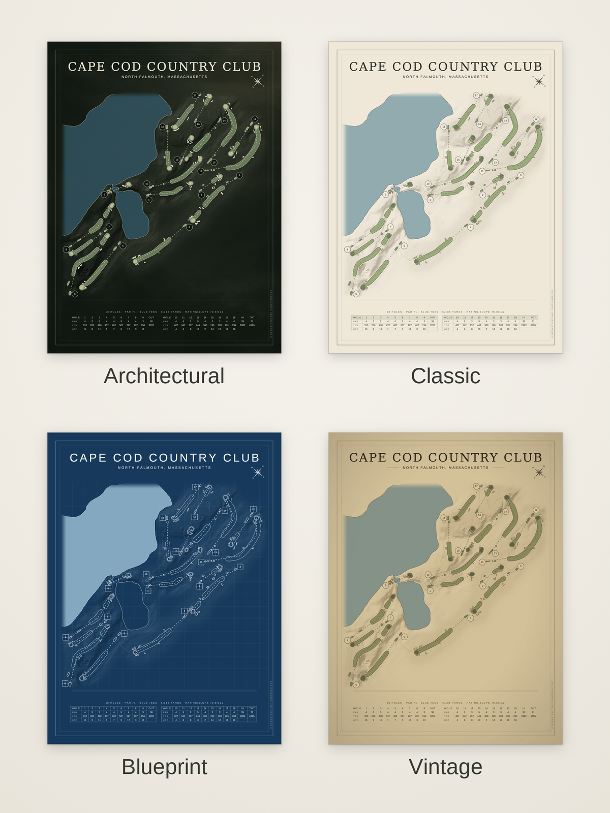 Cape Cod Country Club course map poster in four styles: Architectural, Classic, Blueprint and Vintage