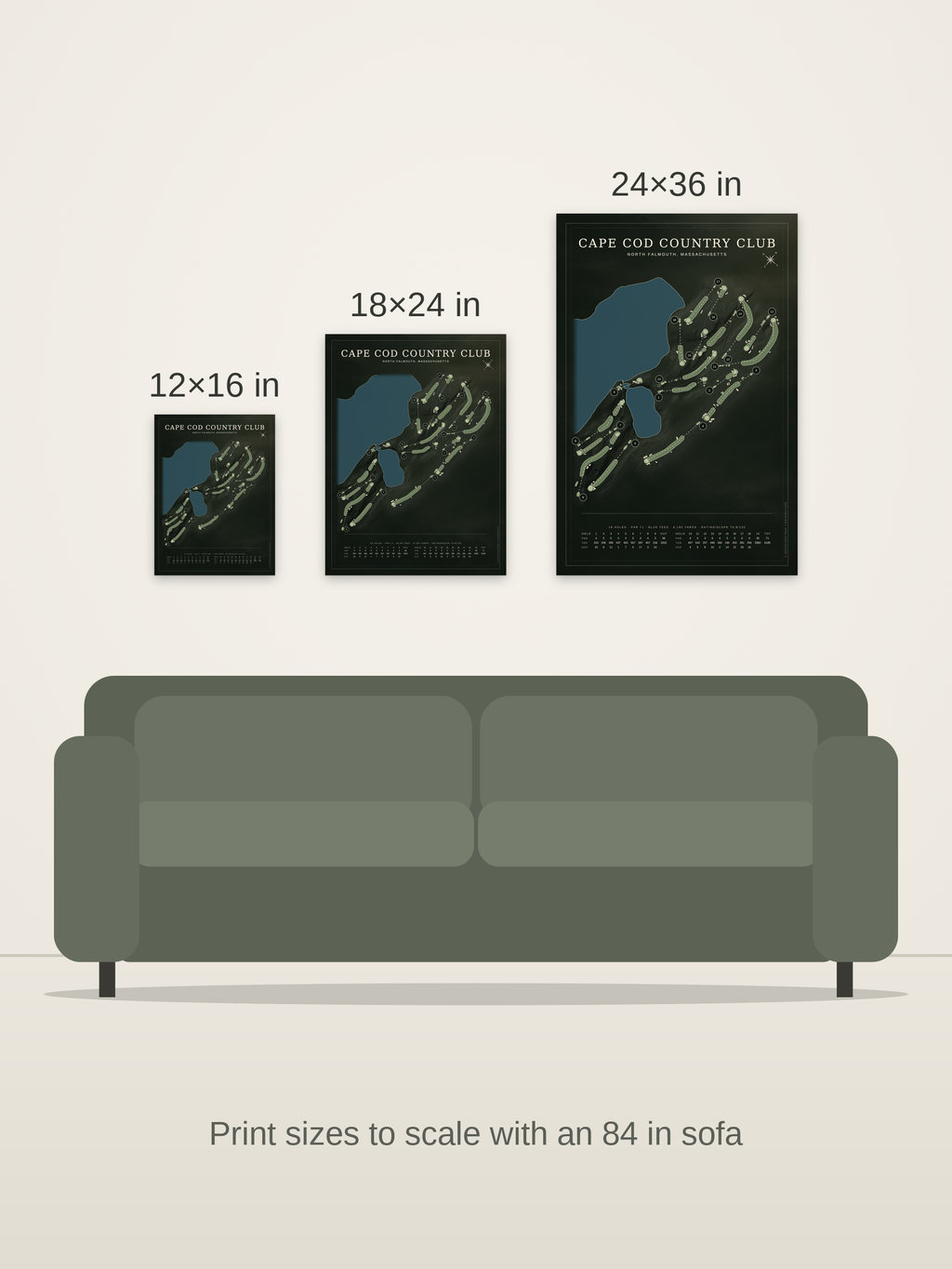 Cape Cod Country Club course map poster in the Architectural style at 12×16, 18×24 and 24×36 inches, shown to scale on a wall above an 84-inch sofa