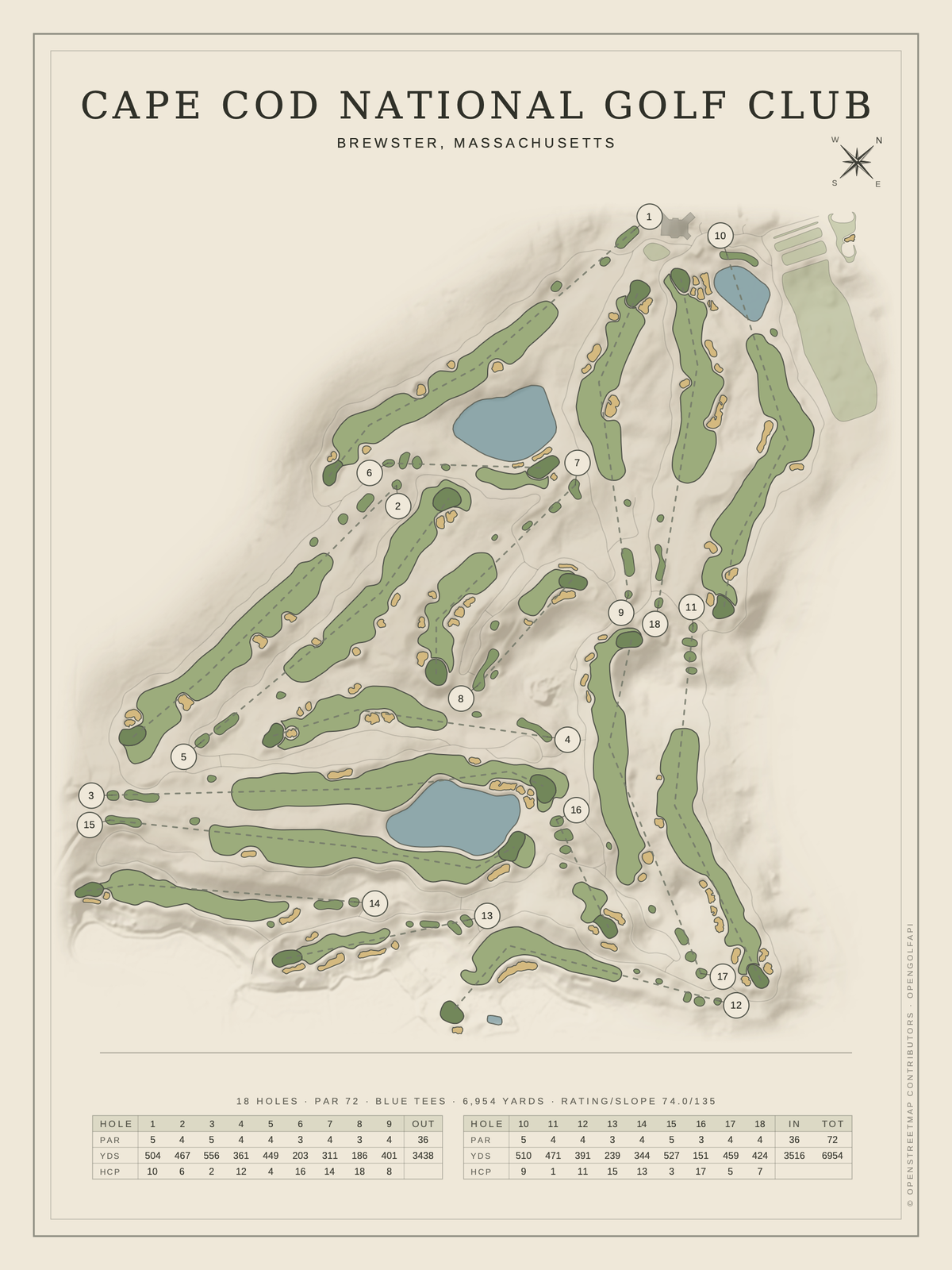 Cape Cod National Golf Club course map poster, Classic style, 12×16 / 18×24