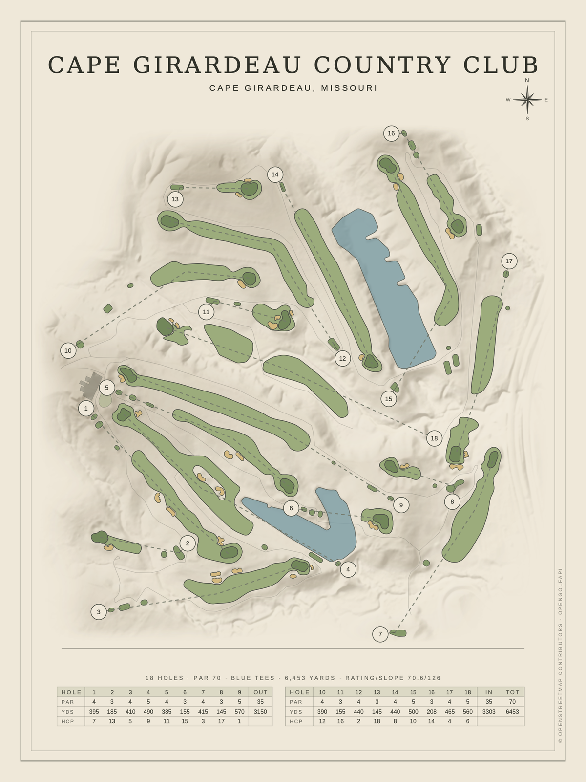 Cape Girardeau Country Club course map poster, Classic style, 12×16 / 18×24
