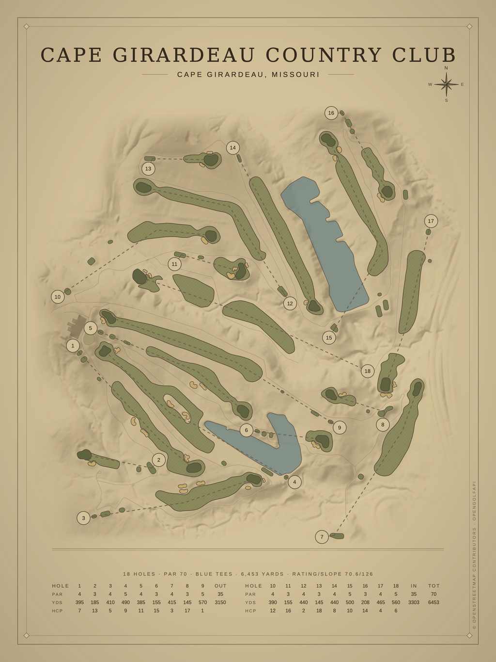 Cape Girardeau Country Club course map poster, Vintage style, 12×16 / 18×24