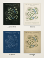 Cape Girardeau Country Club course map poster in four styles: Architectural, Classic, Blueprint and Vintage