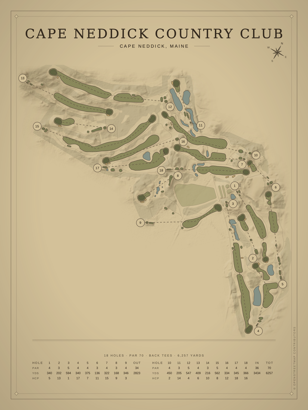 Cape Neddick Country Club course map poster, Vintage style, 12×16 / 18×24
