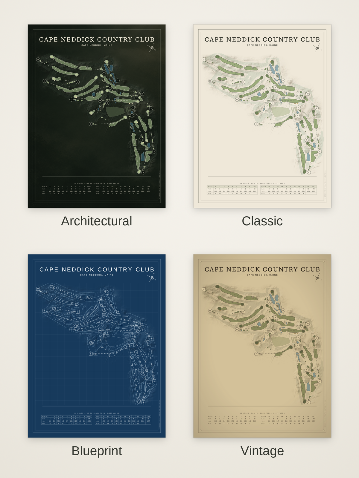 Cape Neddick Country Club course map poster in four styles: Architectural, Classic, Blueprint and Vintage