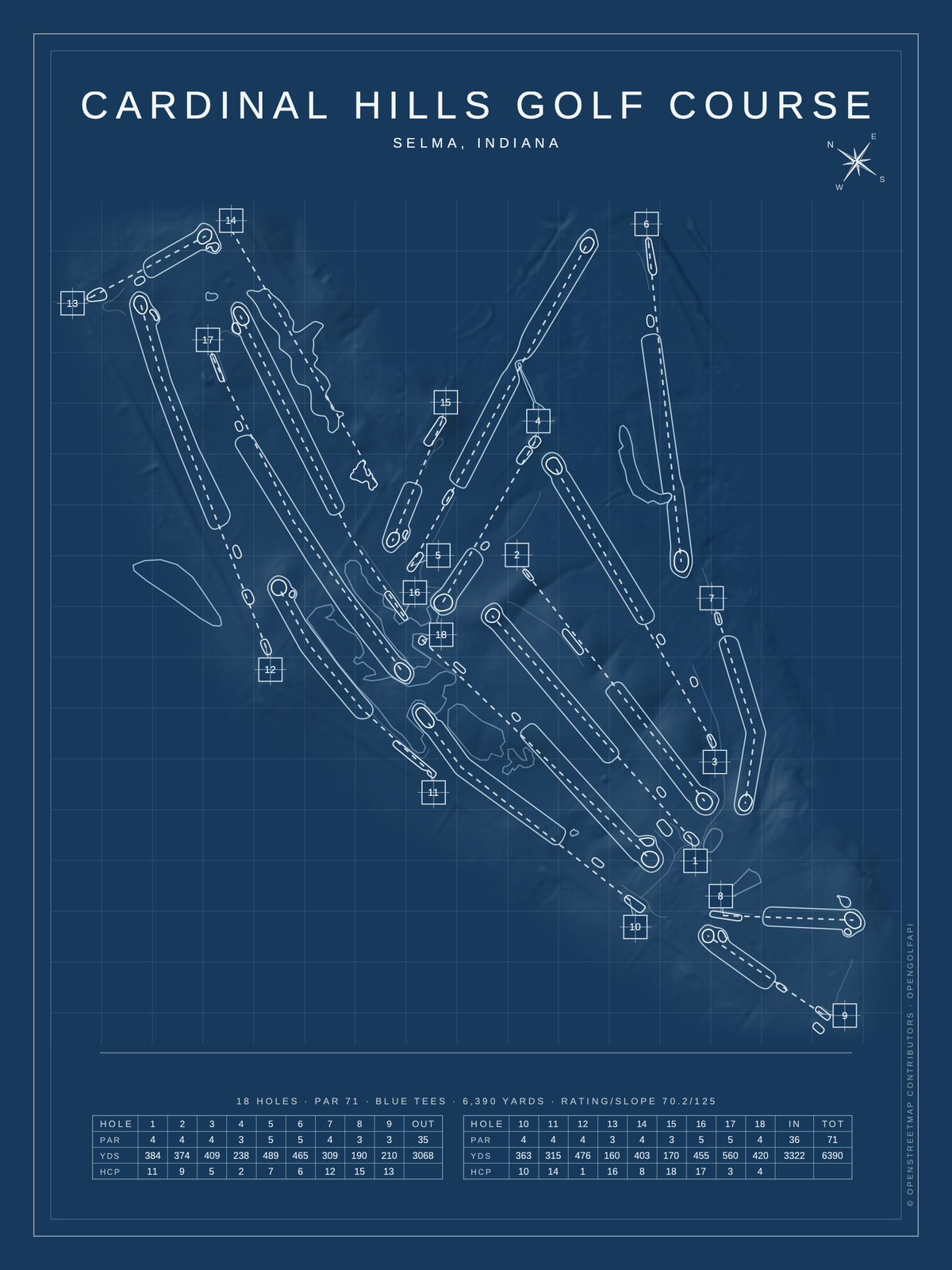 Cardinal Hills Golf Course map poster, Blueprint style, 12×16 / 18×24