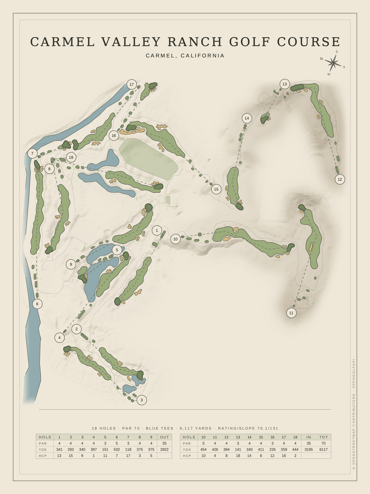 Carmel Valley Ranch Golf Course map poster, Classic style, 12×16 / 18×24