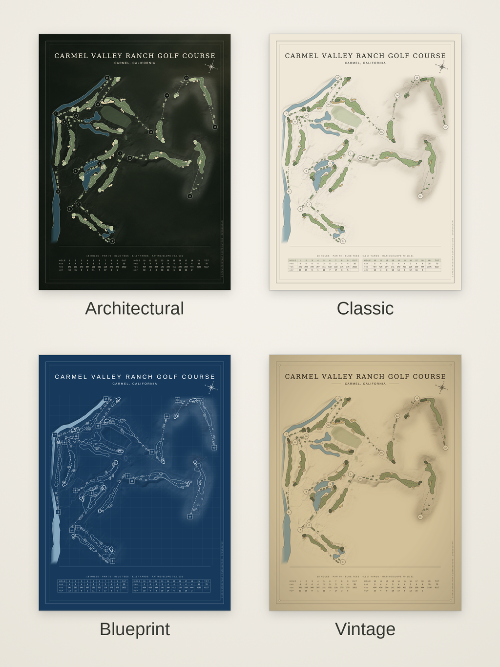 Carmel Valley Ranch Golf Course map poster in four styles: Architectural, Classic, Blueprint and Vintage