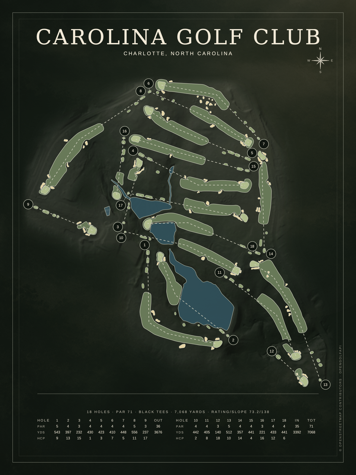 Carolina Golf Club course map poster, Architectural style, 12×16 / 18×24