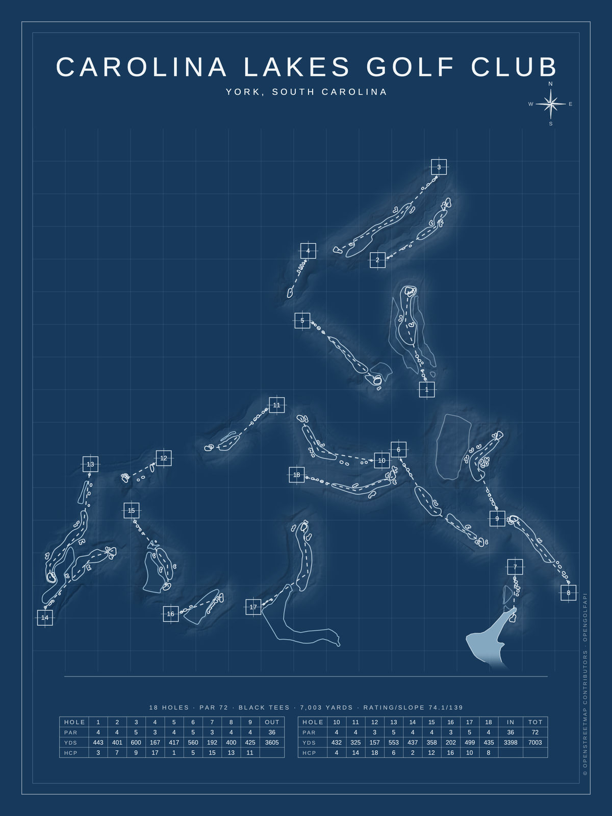 Carolina Lakes Golf Club course map poster, Blueprint style, 12×16 / 18×24