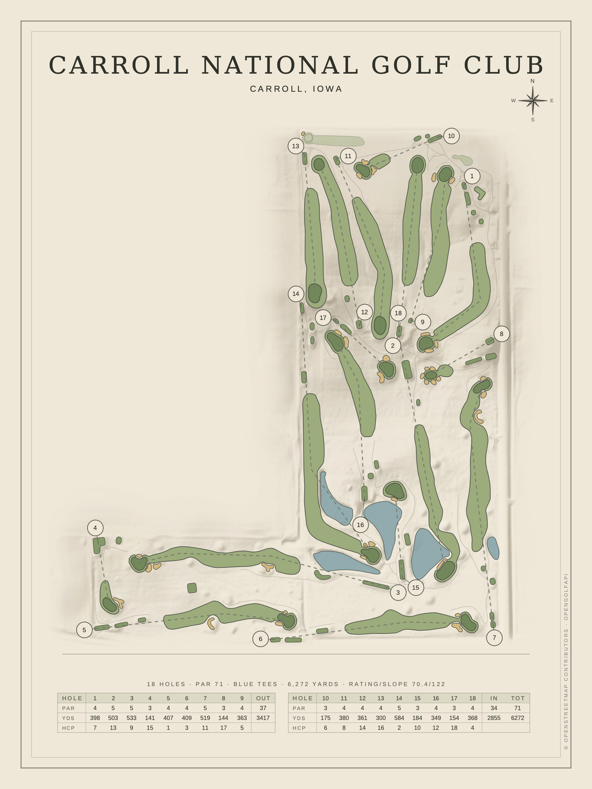 Carroll National Golf Club course map poster, Classic style, 12×16 / 18×24