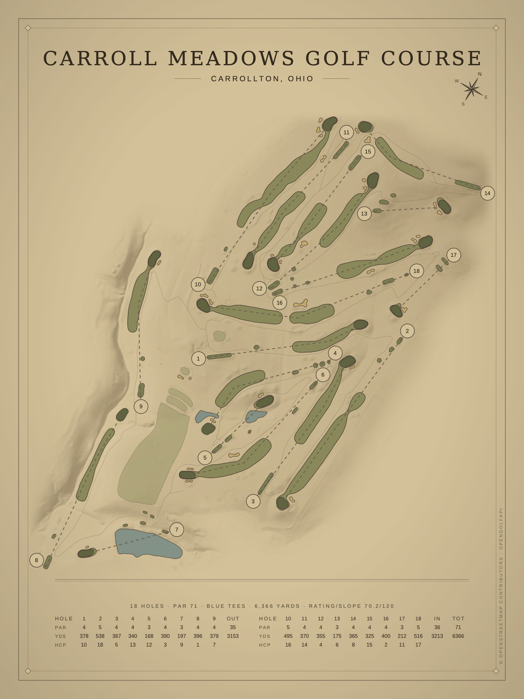 Carroll Meadows Golf Course map poster, Vintage style, 12×16 / 18×24