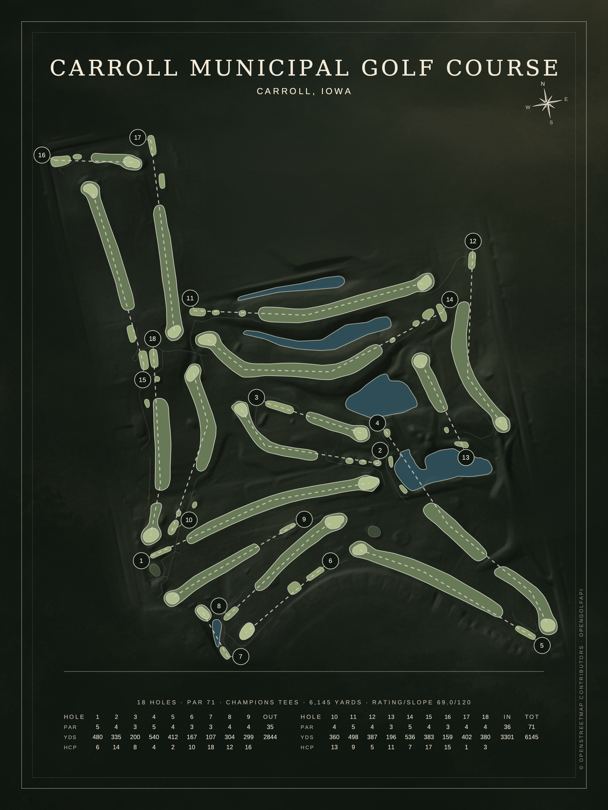 Carroll Municipal Golf Course map poster, Architectural style, 12×16 / 18×24