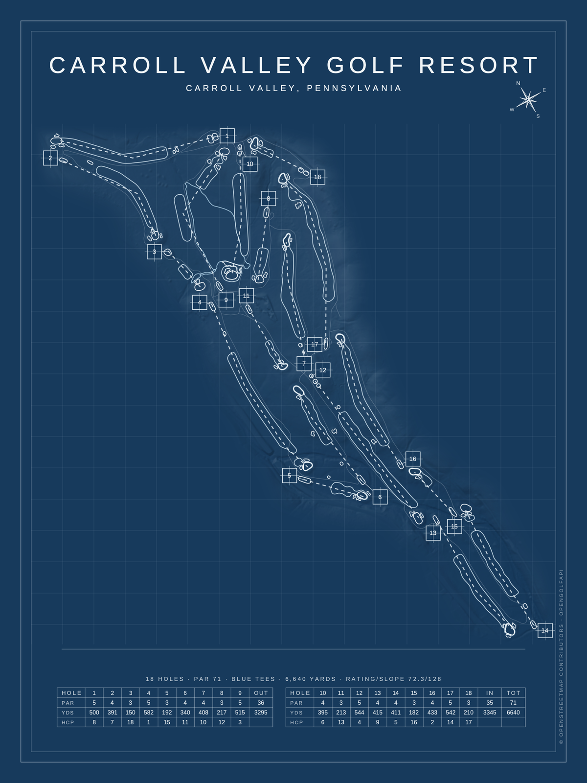 Carroll Valley Golf Resort course map poster, Blueprint style, 12×16 / 18×24