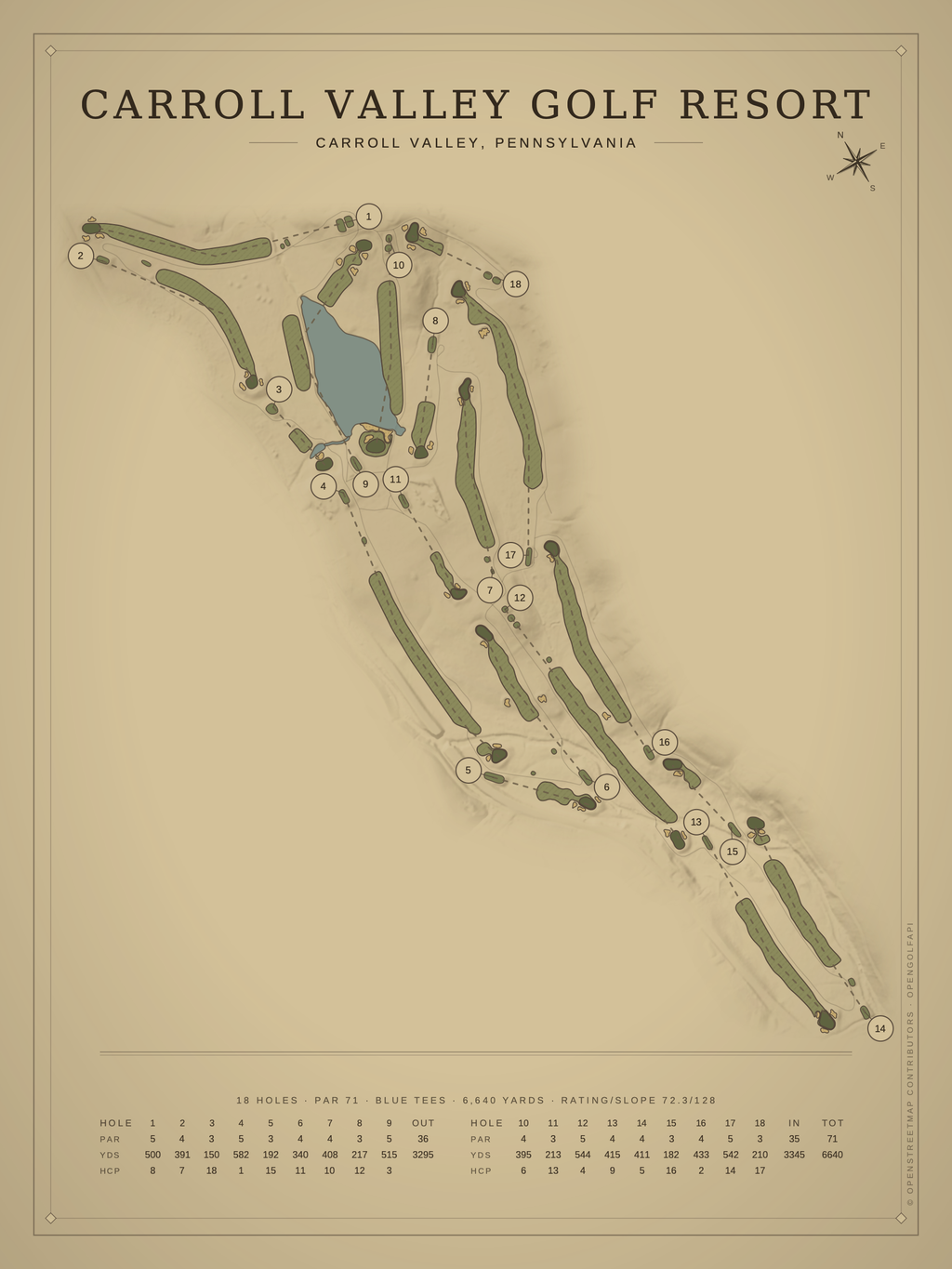 Carroll Valley Golf Resort course map poster, Vintage style, 12×16 / 18×24