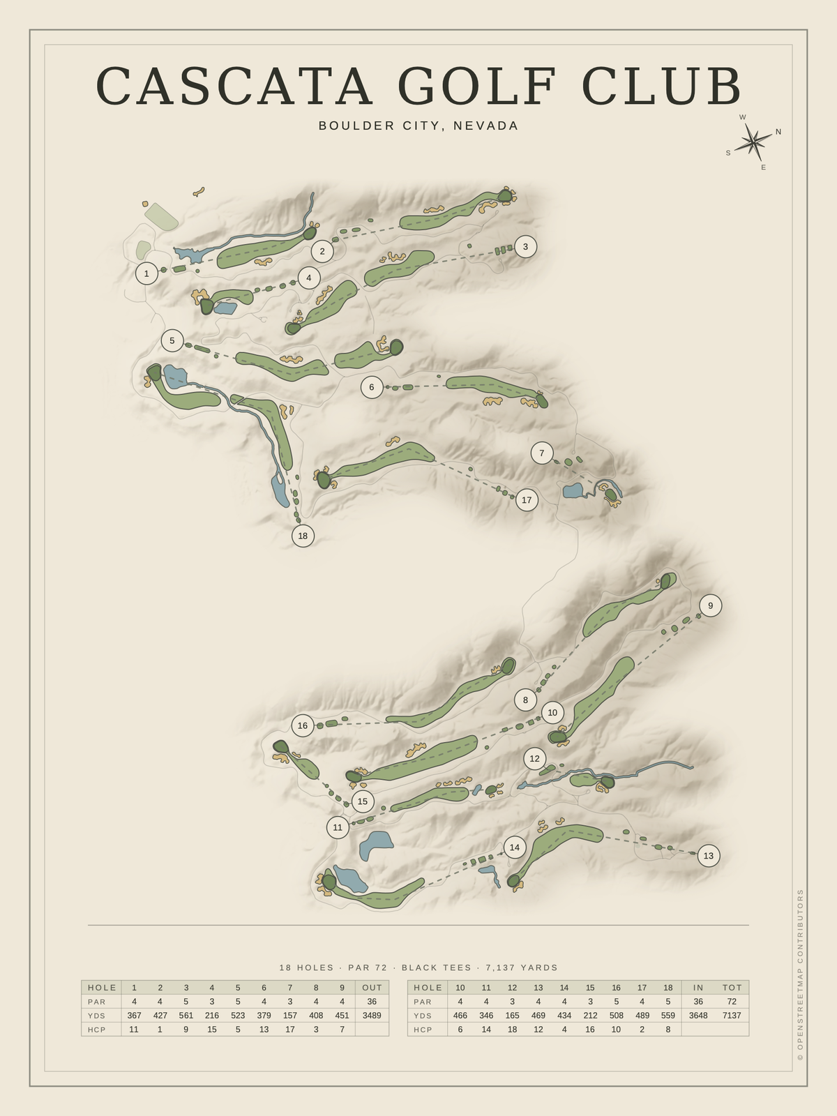 Cascata Golf Club course map poster, Classic style, 12×16 / 18×24
