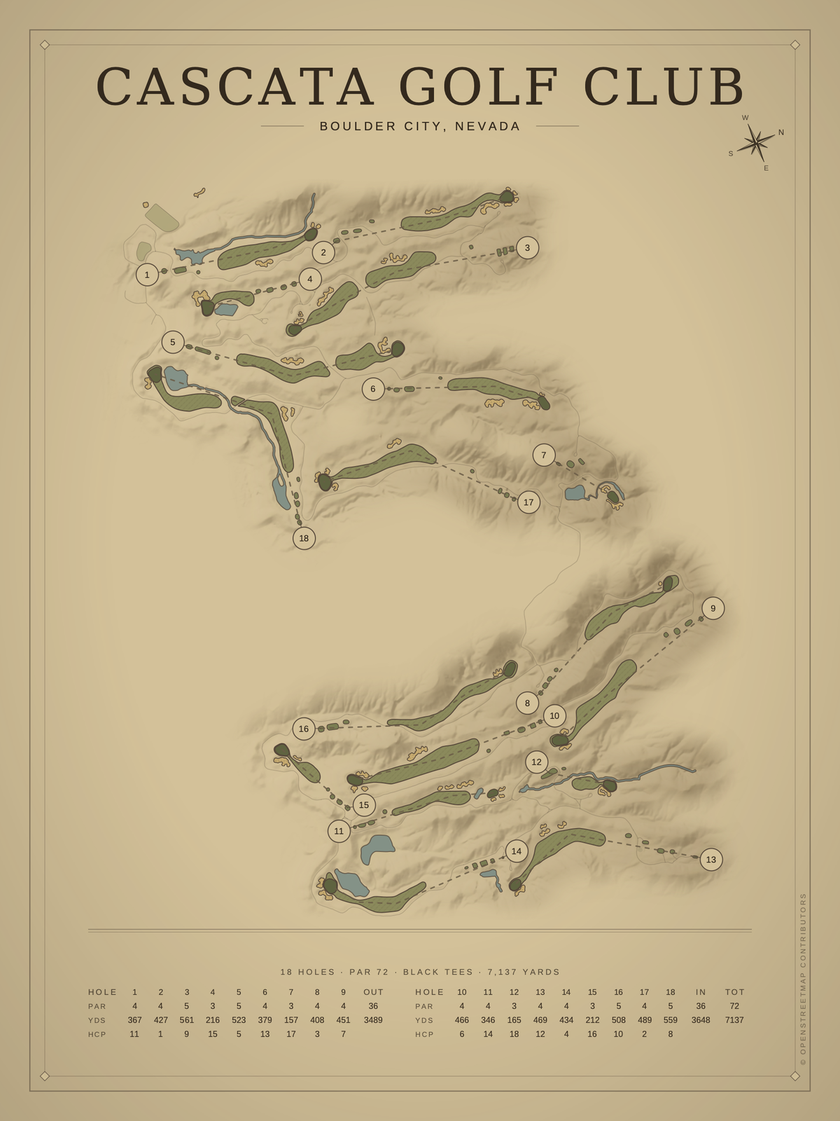 Cascata Golf Club course map poster, Vintage style, 12×16 / 18×24