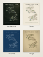 Cascata Golf Club course map poster in four styles: Architectural, Classic, Blueprint and Vintage