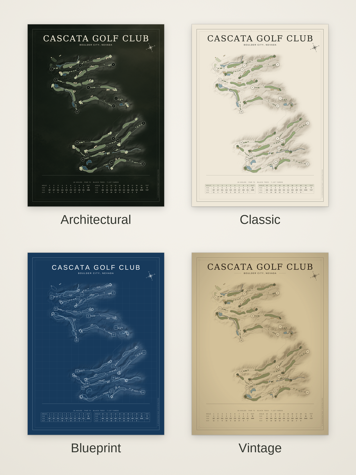 Cascata Golf Club course map poster in four styles: Architectural, Classic, Blueprint and Vintage