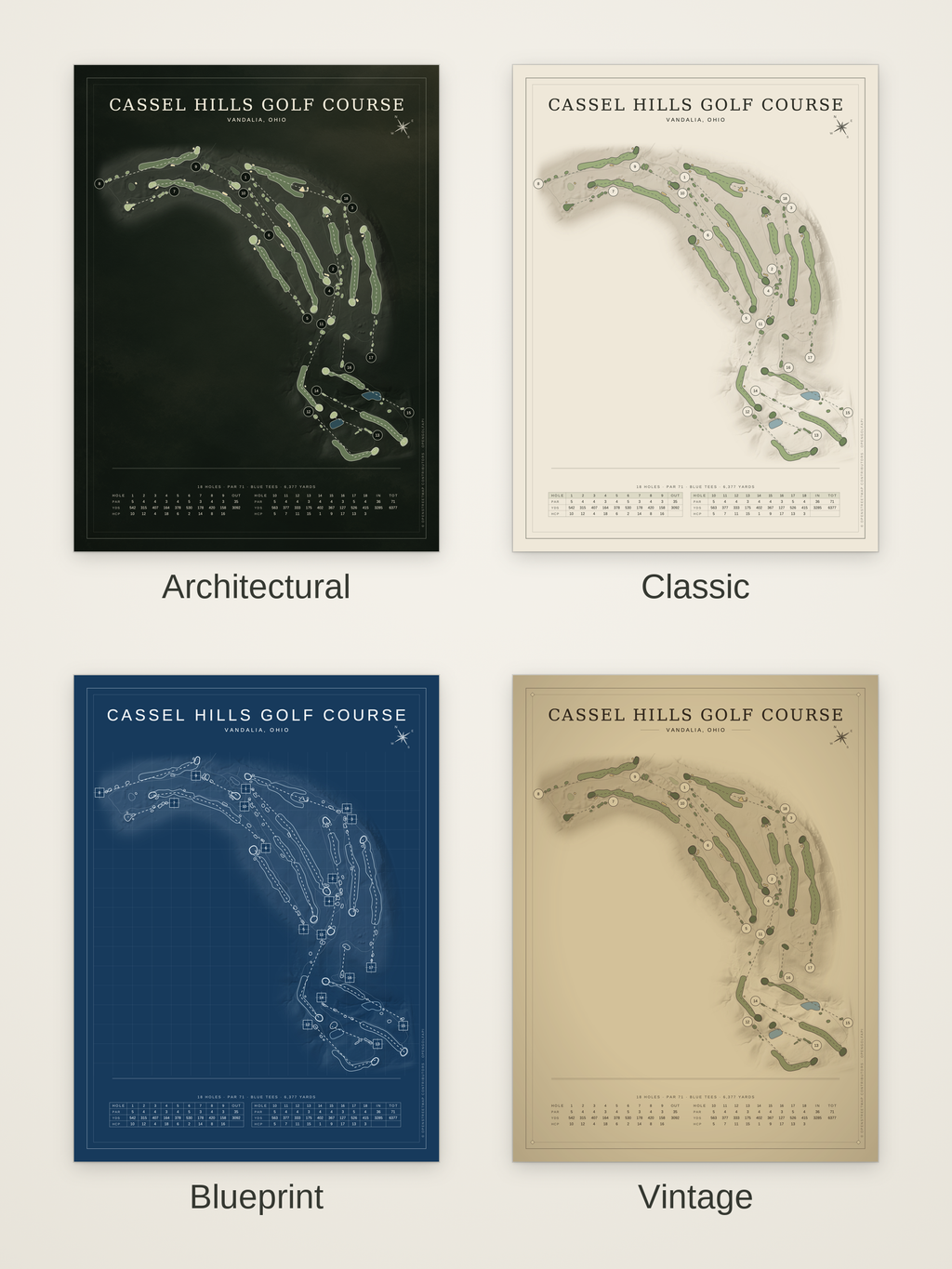 Cassel Hills Golf Course map poster in four styles: Architectural, Classic, Blueprint and Vintage