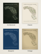 Cassel Hills Golf Course map poster in four styles: Architectural, Classic, Blueprint and Vintage
