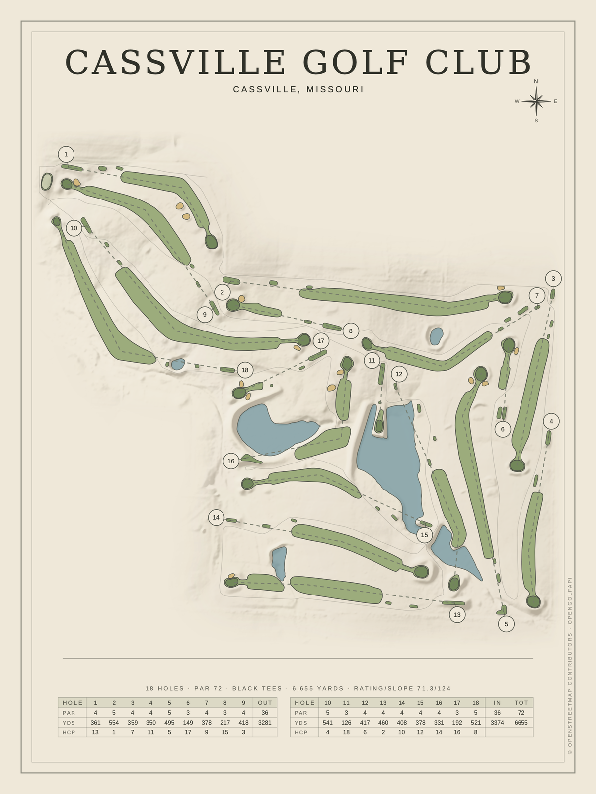 Cassville Golf Club course map poster, Classic style, 12×16 / 18×24