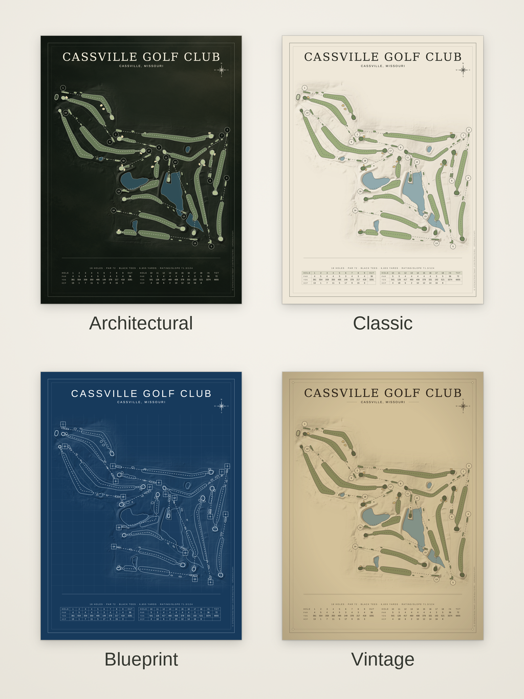 Cassville Golf Club course map poster in four styles: Architectural, Classic, Blueprint and Vintage