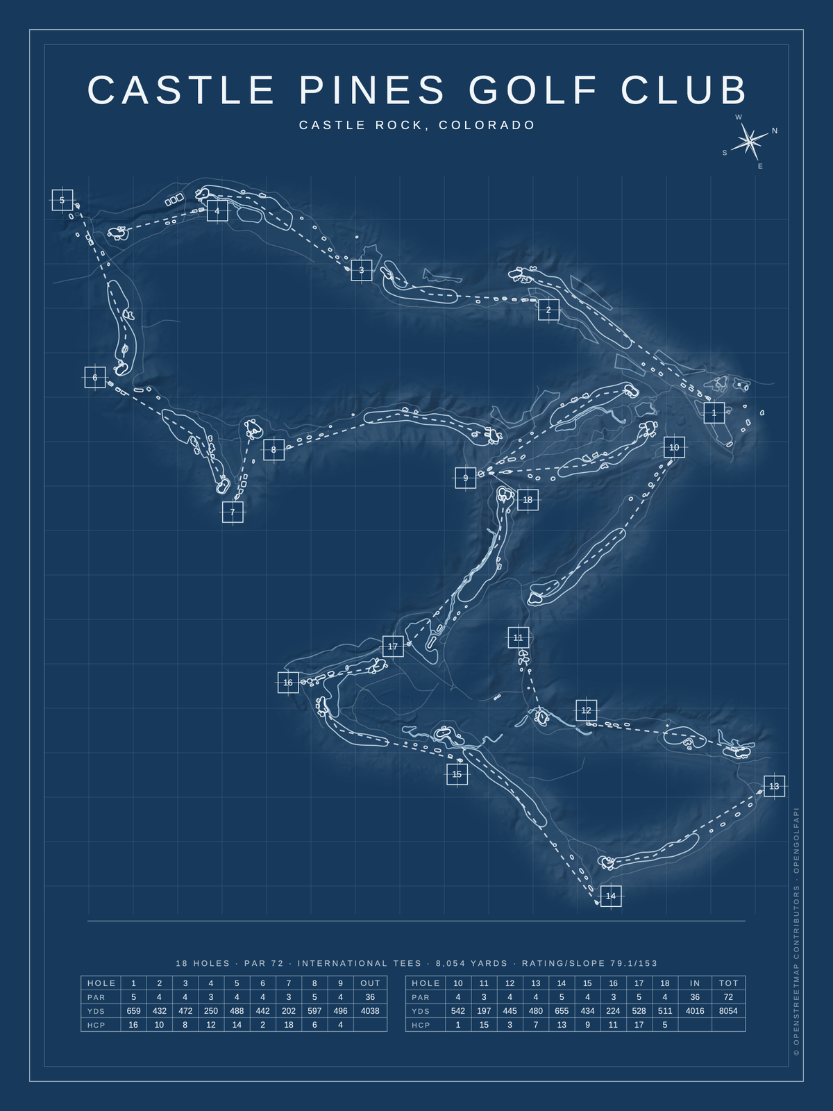 Castle Pines Golf Club course map poster, Blueprint style, 12×16 / 18×24