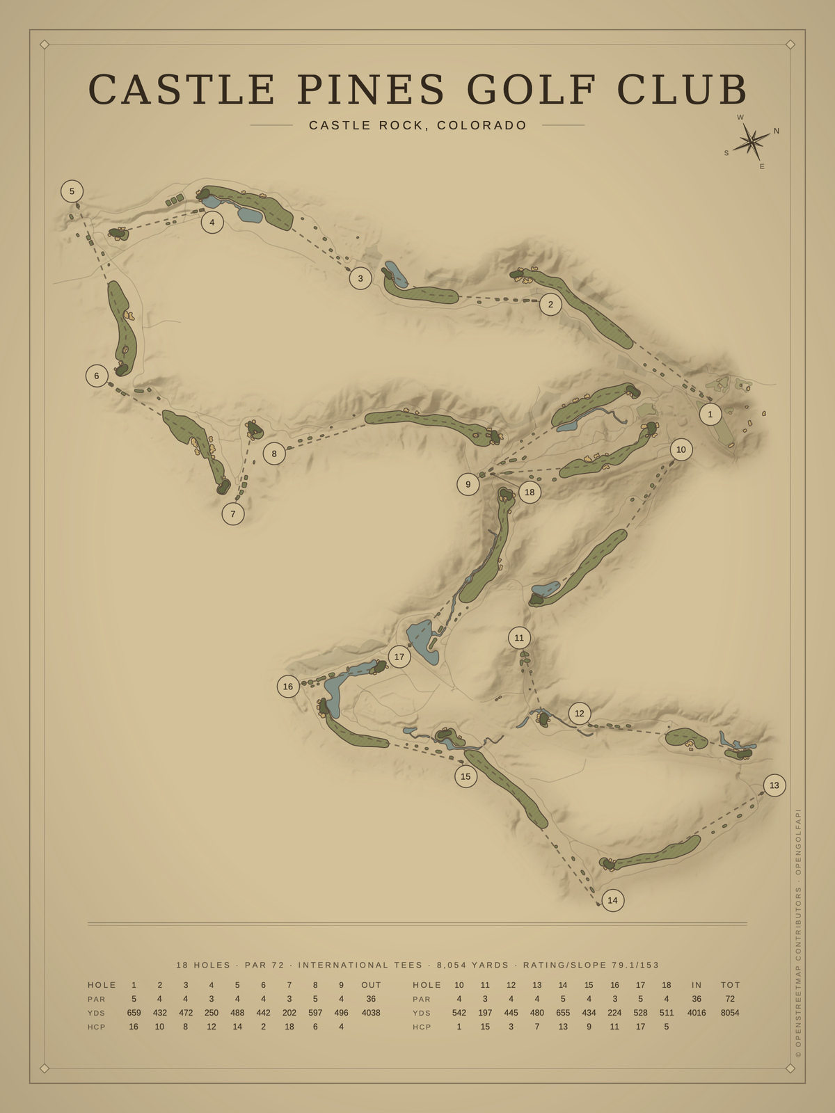 Castle Pines Golf Club course map poster, Vintage style, 12×16 / 18×24