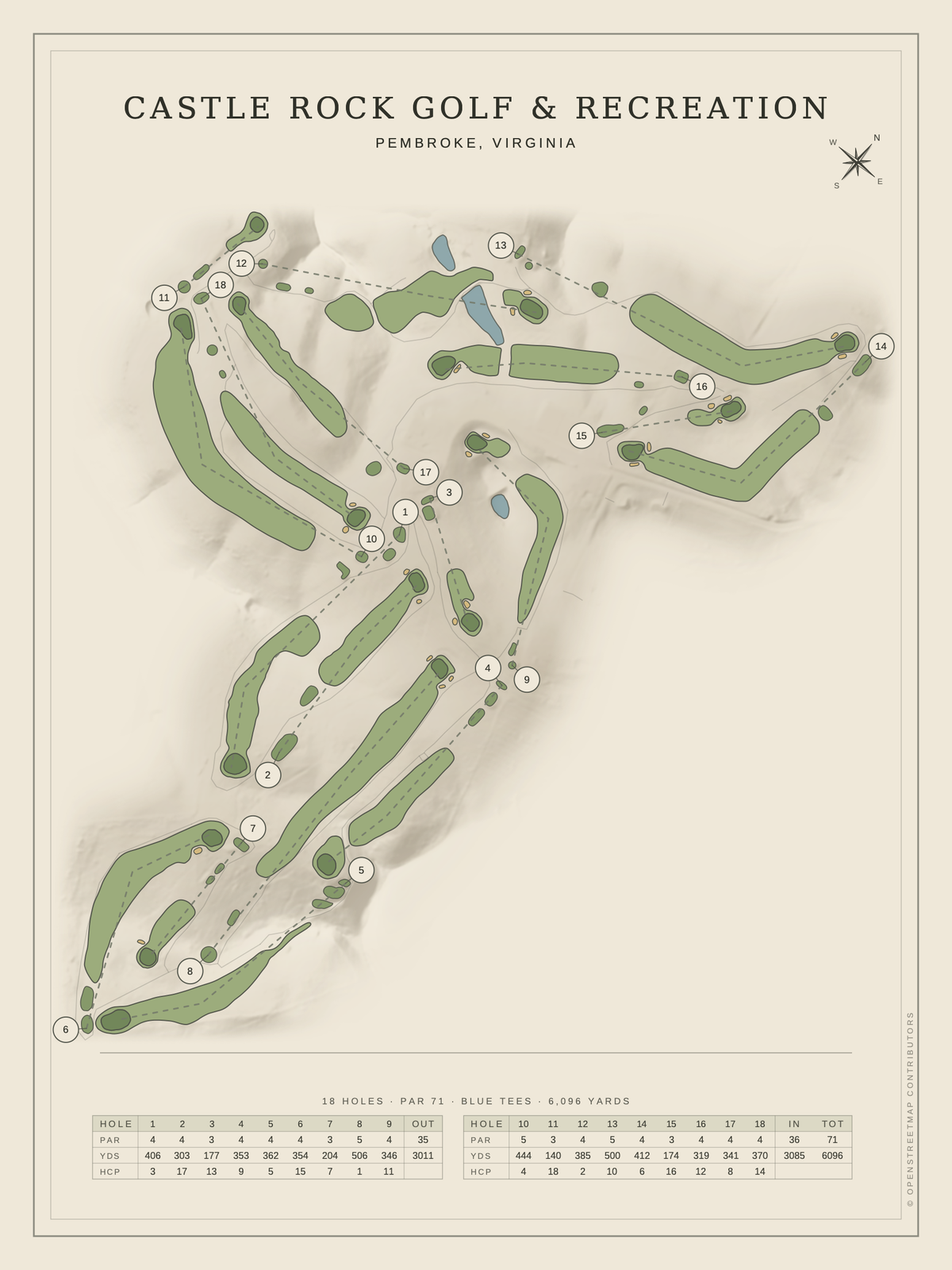 Castle Rock Golf & Recreation course map poster, Classic style, 12×16 / 18×24
