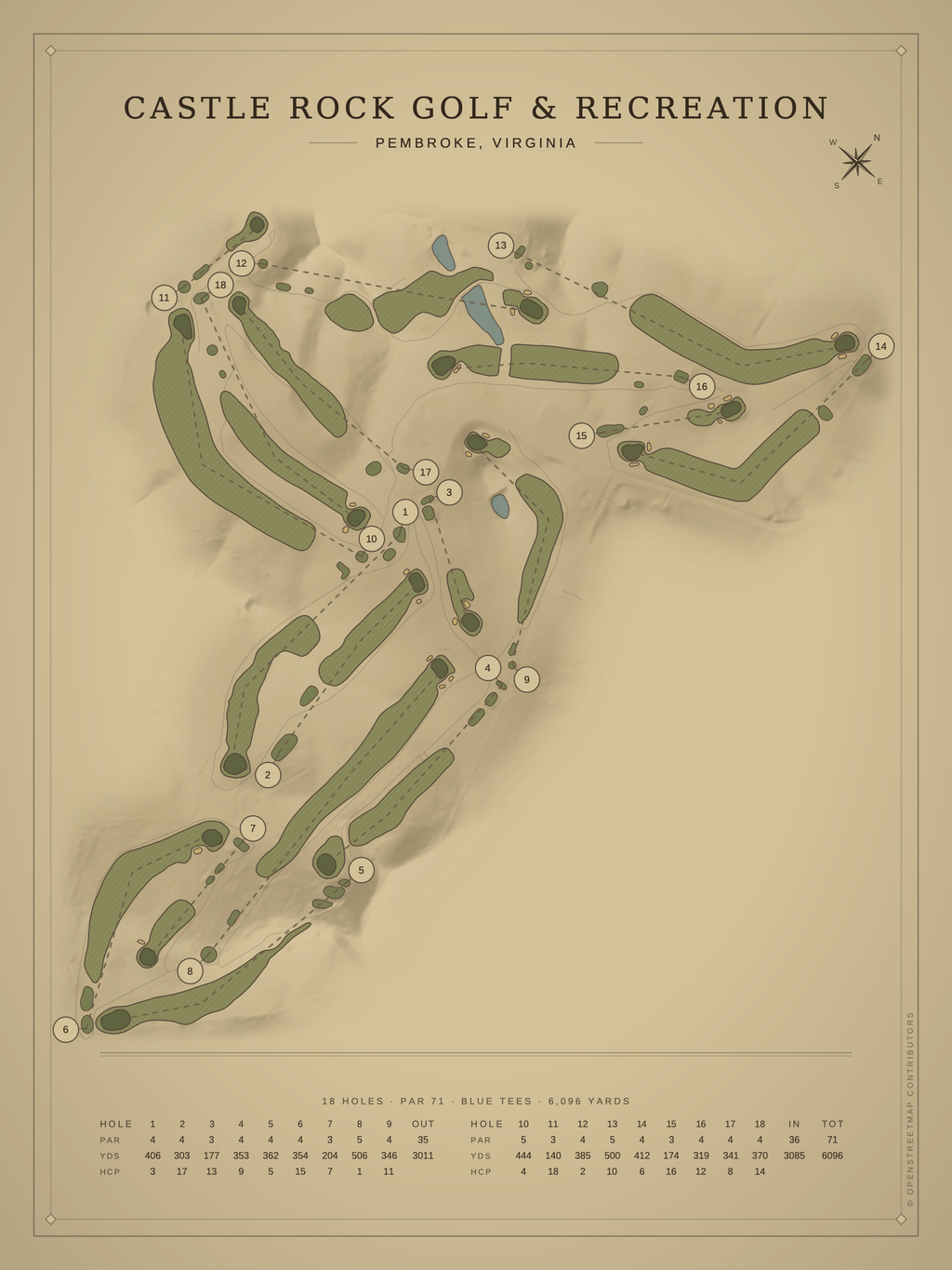 Castle Rock Golf & Recreation course map poster, Vintage style, 12×16 / 18×24