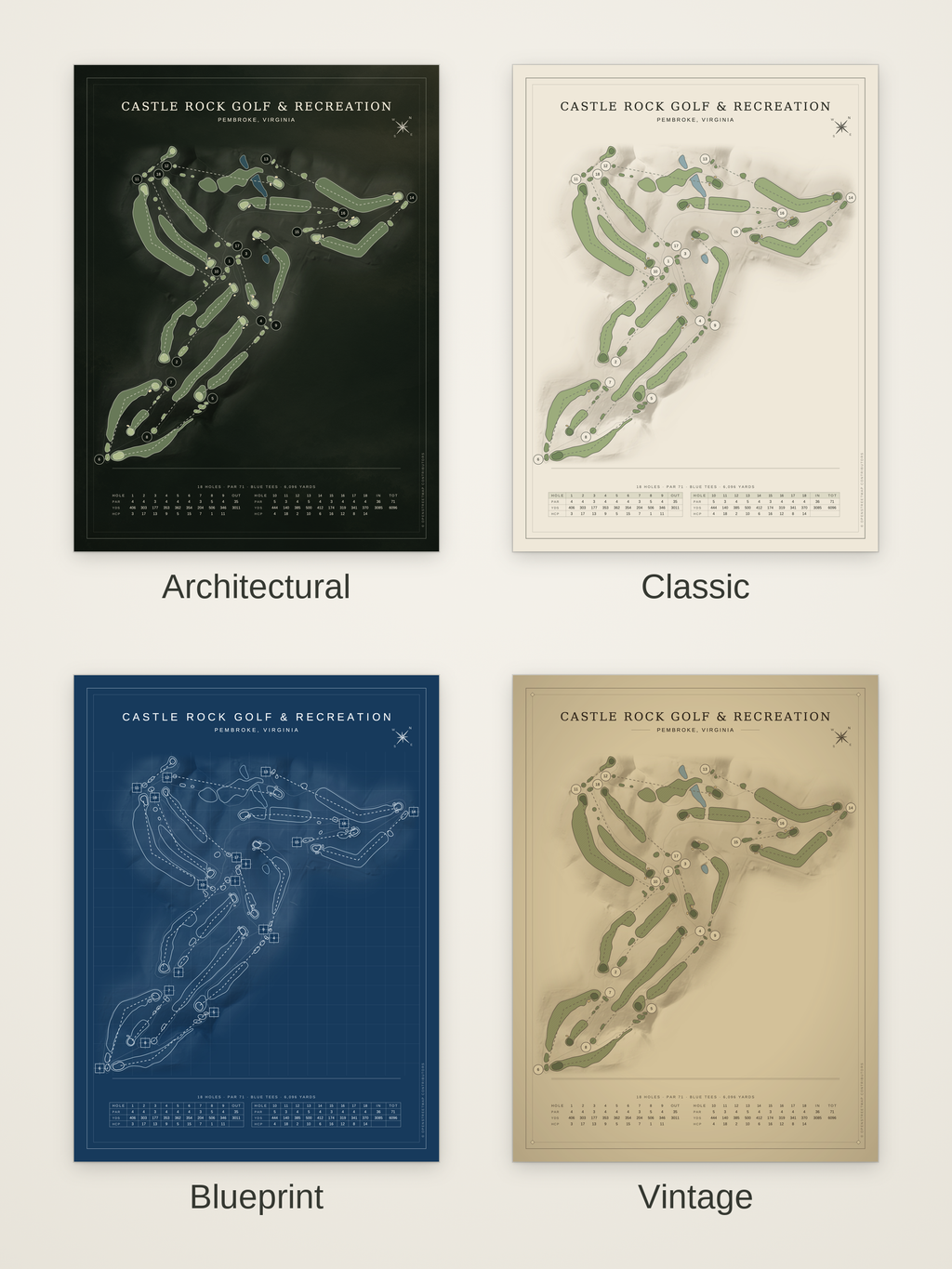 Castle Rock Golf & Recreation course map poster in four styles: Architectural, Classic, Blueprint and Vintage