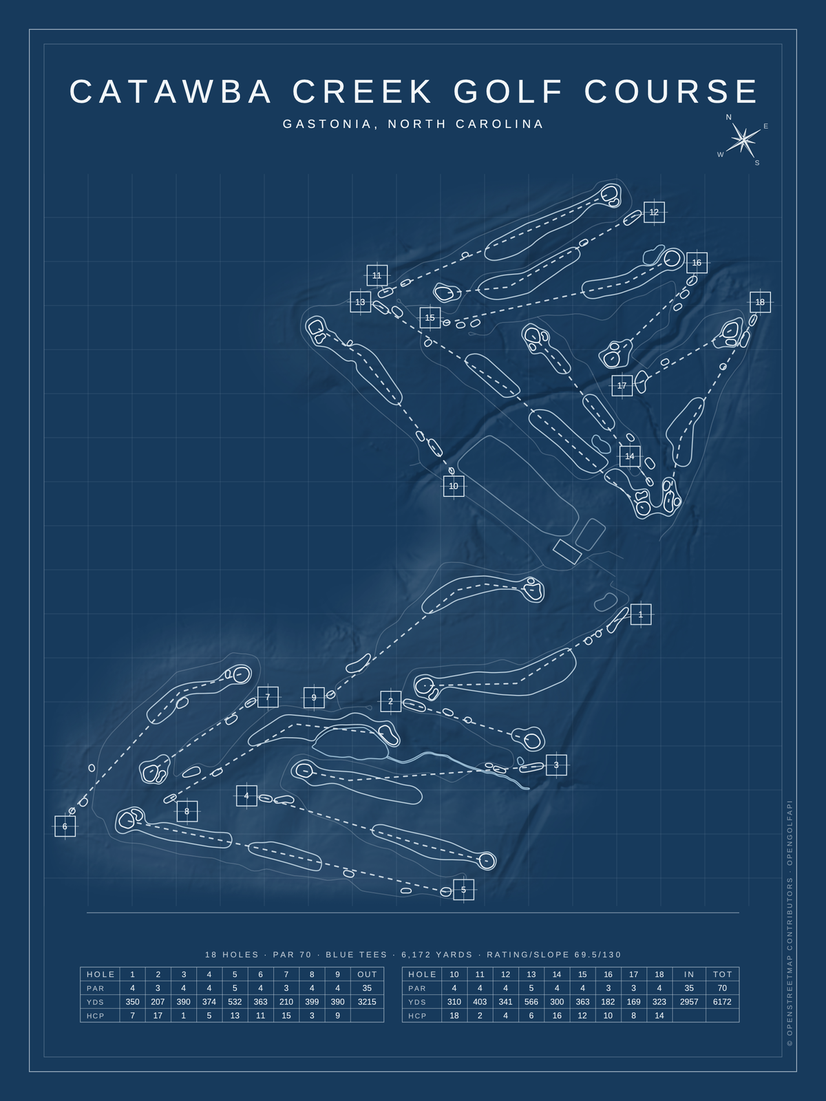 Catawba Creek Golf Course map poster, Blueprint style, 12×16 / 18×24