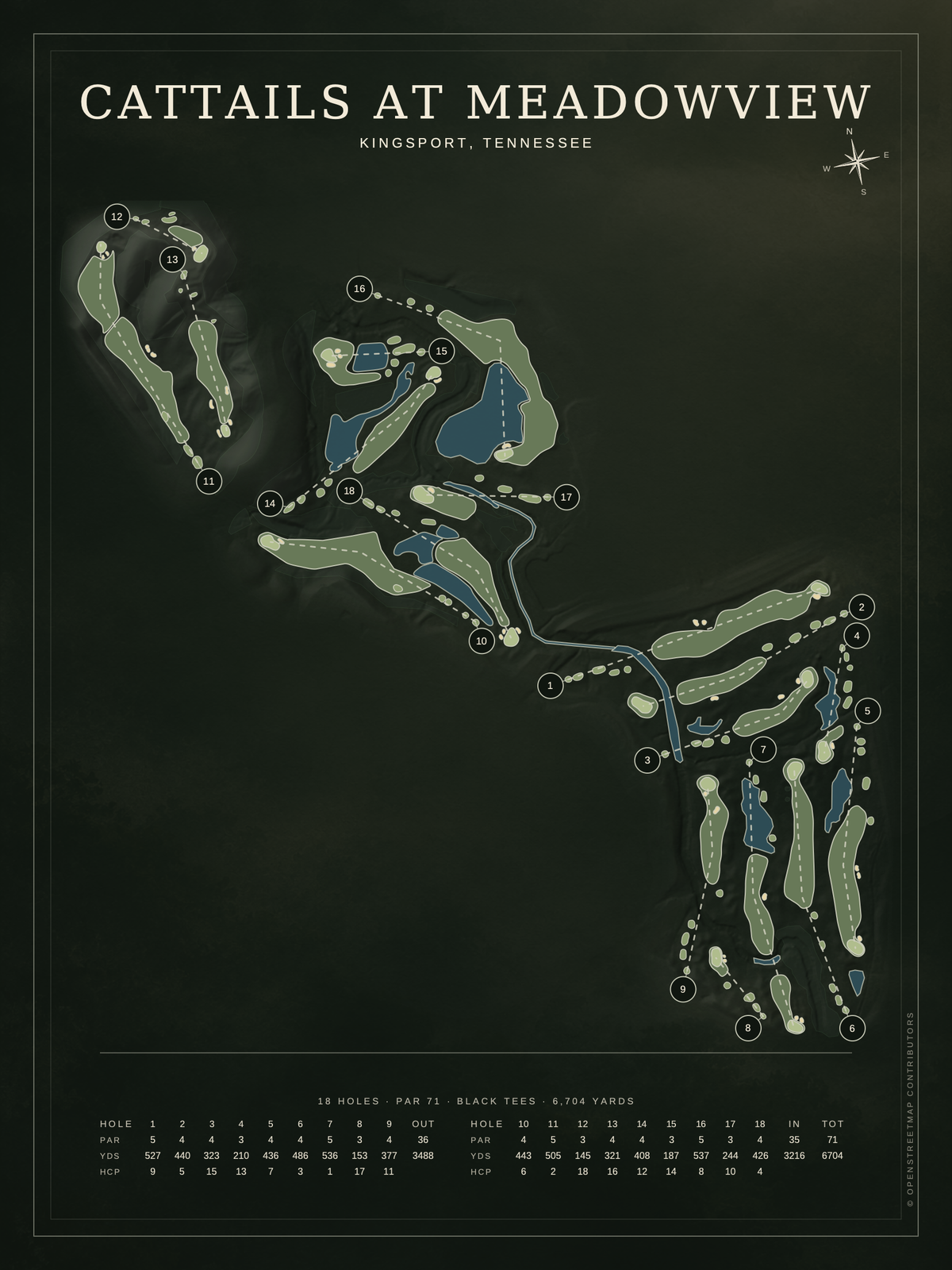 Cattails at Meadowview course map poster, Architectural style, 12×16 / 18×24